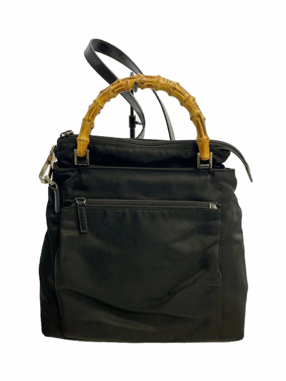 Gucci bamboo handle shoulder bag curved bamboo front zip Black